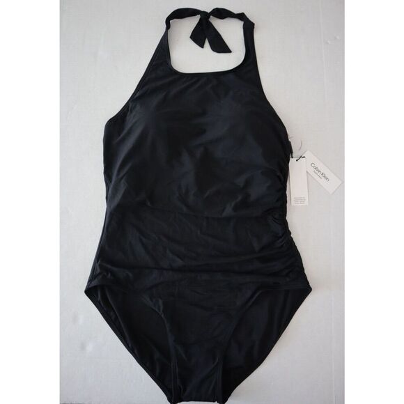 Calvin Klein CG2MS732 Sz 16 Black Ruched High Neck Halter 1-Pc Swimsuit - Picture 1 of 9